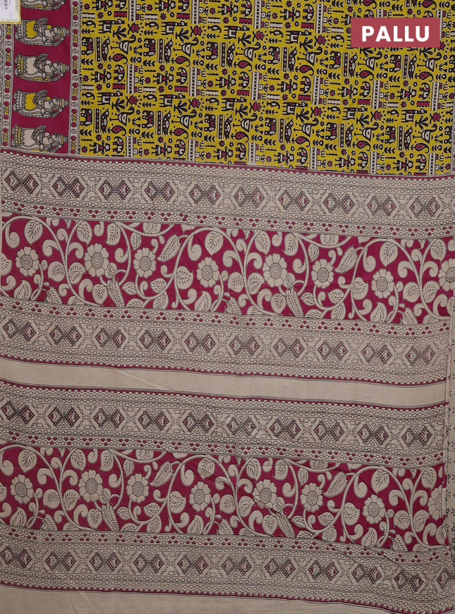 Kalamkari cotton saree beige and magenta pink with allover prints and printed border