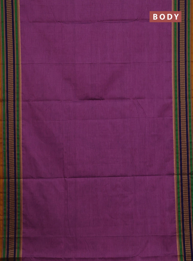 10 Yards chettinad cotton saree purple shade and dual shade of green with plain body and thread woven border