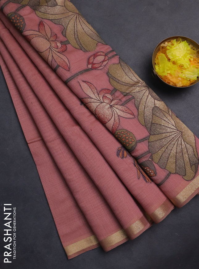 Munga cotton saree peach pink with thread & zari woven buttas and paithani design weaving border
