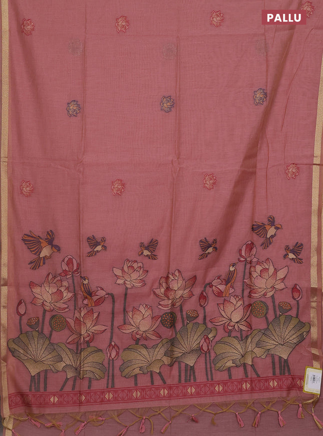 Munga cotton saree peach pink with thread & zari woven buttas and paithani design weaving border
