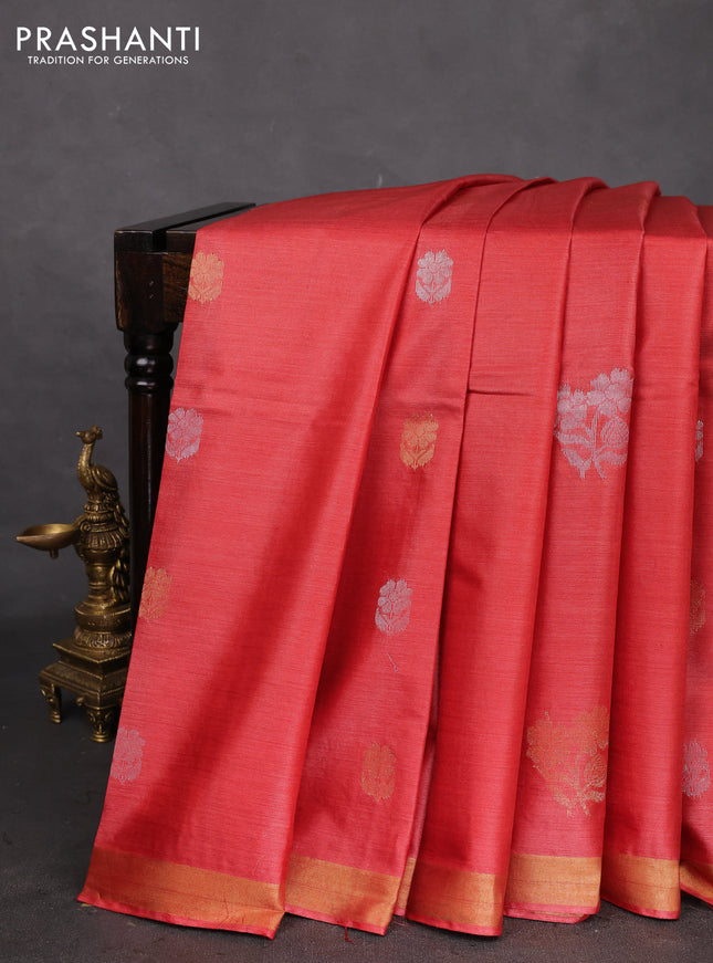 Banana silk saree red with silver & gold zari woven floral buttas and zari woven border