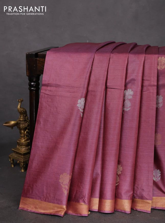 Banana silk saree maroon shade with silver & gold zari woven floral buttas and zari woven border