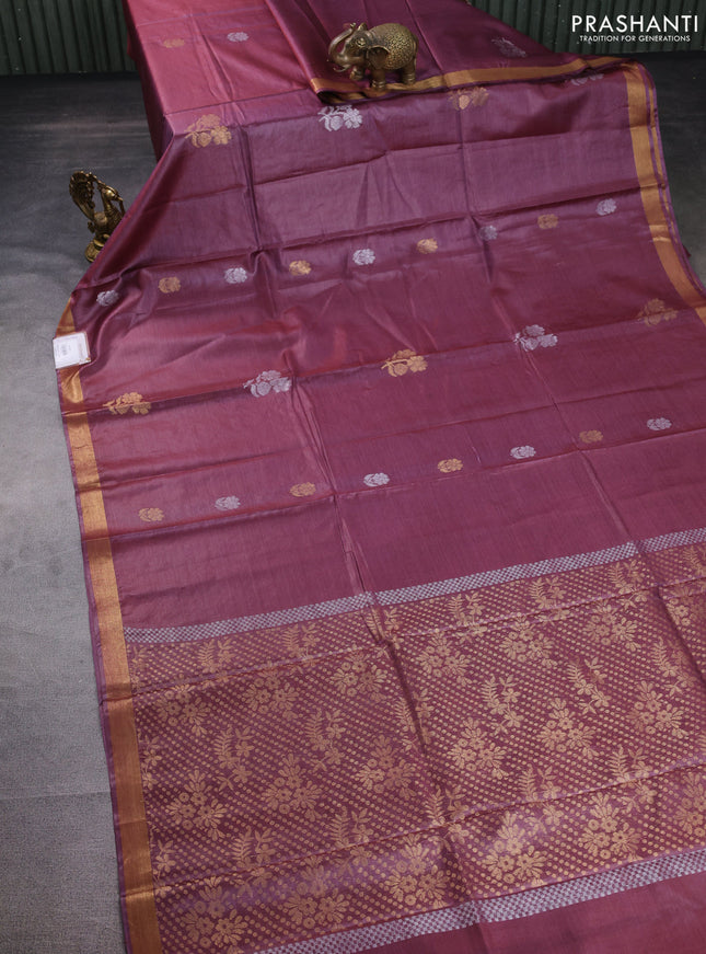 Banana silk saree maroon shade with silver & gold zari woven floral buttas and zari woven border