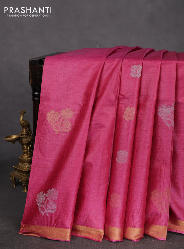 Banana silk saree pink with silver & gold zari woven floral buttas and zari woven border