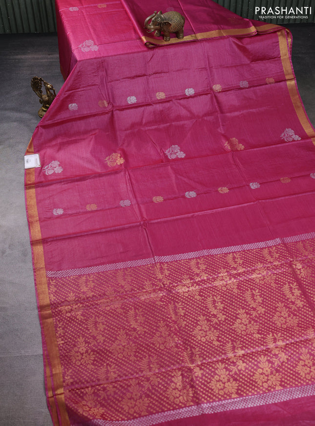 Banana silk saree pink with silver & gold zari woven floral buttas and zari woven border