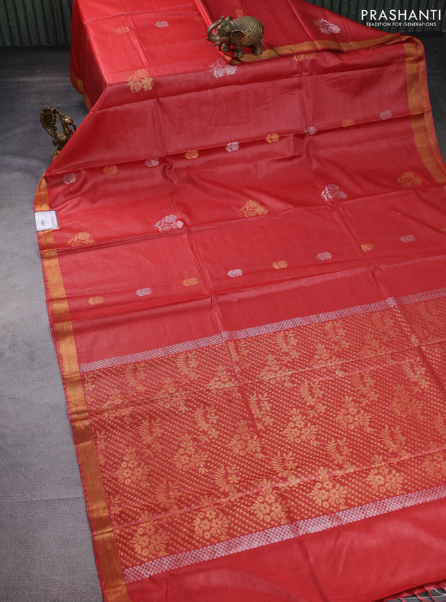 Banana silk saree red with silver & gold zari woven floral buttas and zari woven border