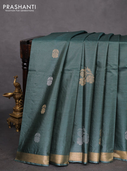 Banana silk saree dark green with silver & gold zari woven floral buttas and zari woven border