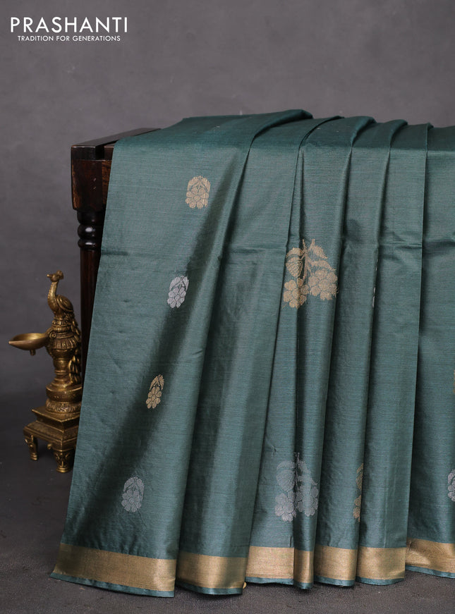 Banana silk saree dark green with silver & gold zari woven floral buttas and zari woven border