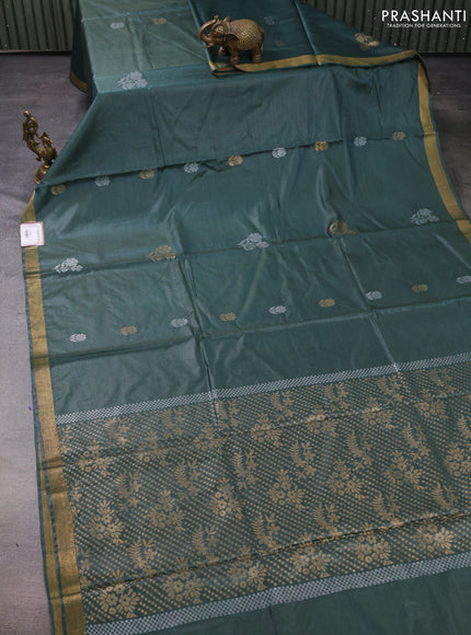 Banana silk saree dark green with silver & gold zari woven floral buttas and zari woven border