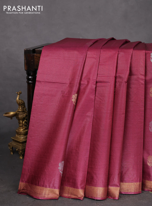 Banana silk saree wine shade with silver & gold zari woven floral buttas and zari woven border