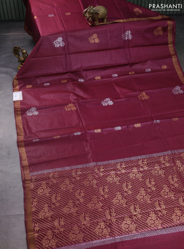 Banana silk saree wine shade with silver & gold zari woven floral buttas and zari woven border