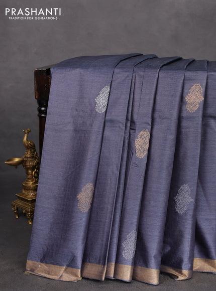 Banana silk saree grey with silver & gold zari woven buttas and zari woven border