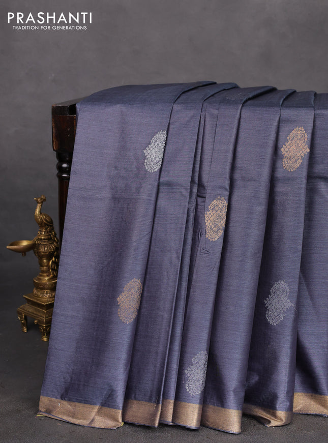 Banana silk saree grey with silver & gold zari woven buttas and zari woven border
