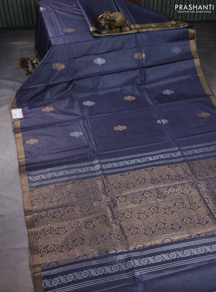 Banana silk saree grey with silver & gold zari woven buttas and zari woven border