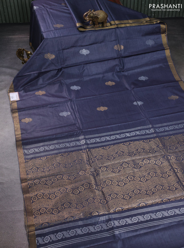 Banana silk saree grey with silver & gold zari woven buttas and zari woven border