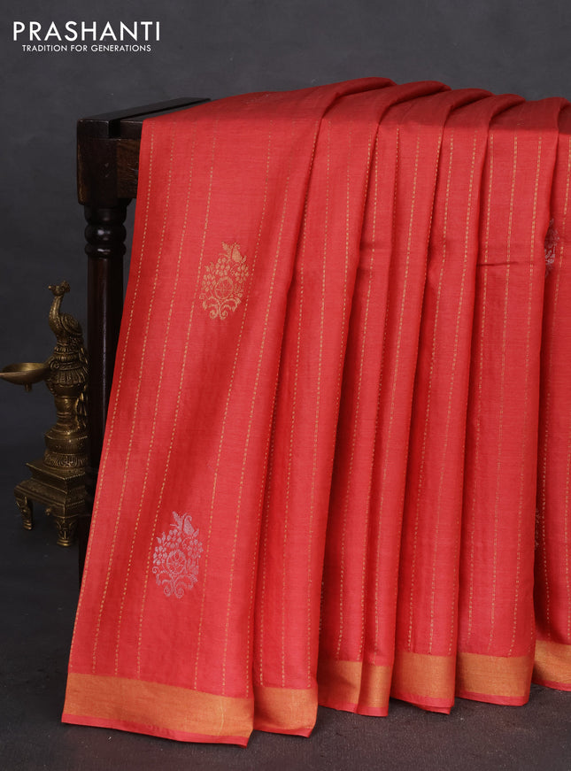 Banana silk saree dark peach orange with allover zari weaves & buttas and zari woven border