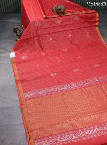 Banana silk saree dark peach orange with allover zari weaves & buttas and zari woven border