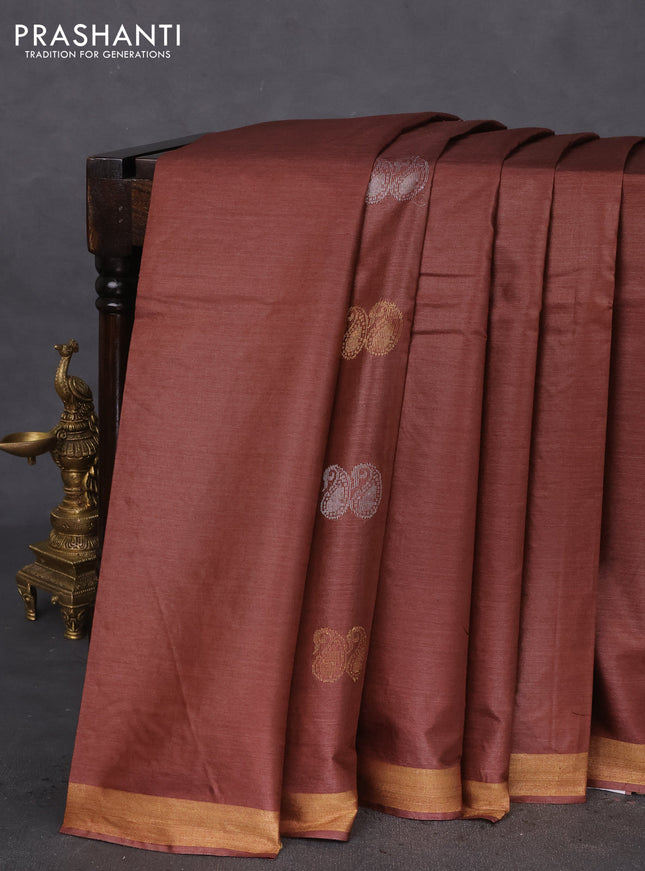 Banana silk saree brown with silver & gold zari woven paisley buttas and zari woven border