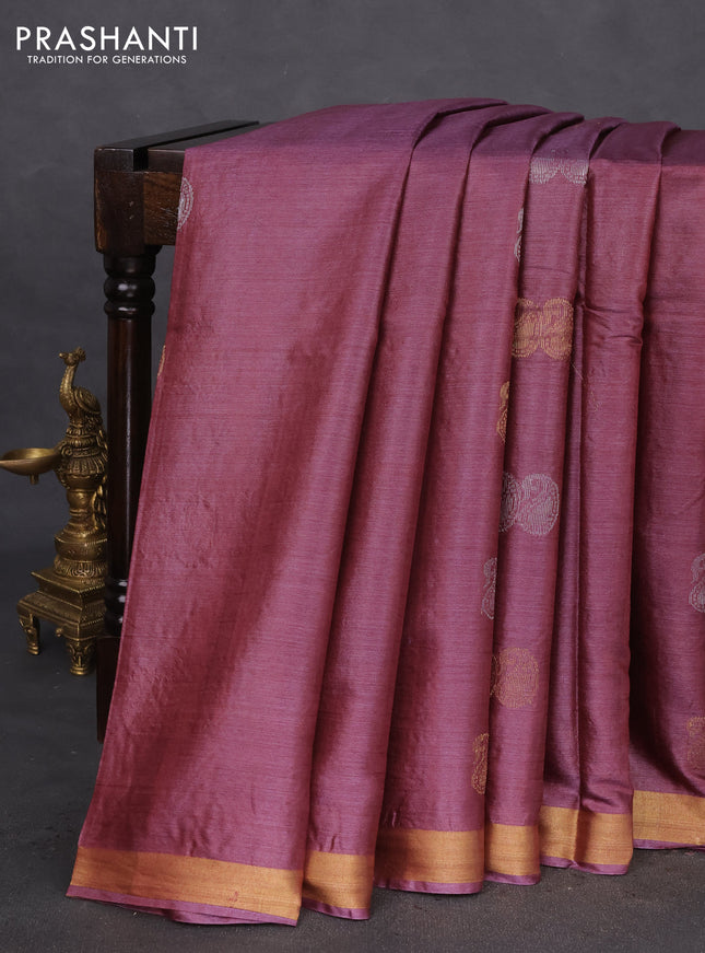 Banana silk saree maroon shade with silver & gold zari woven paisley buttas and zari woven border