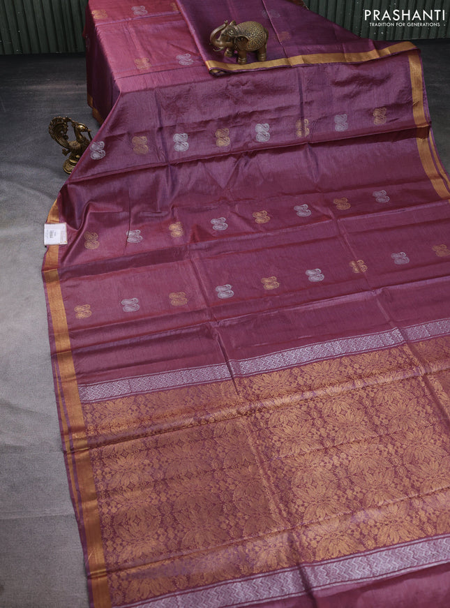 Banana silk saree maroon shade with silver & gold zari woven paisley buttas and zari woven border