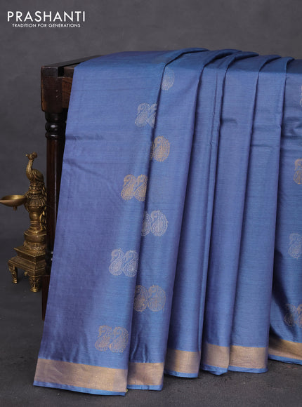 Banana silk saree blue with silver & gold zari woven paisley buttas and zari woven border