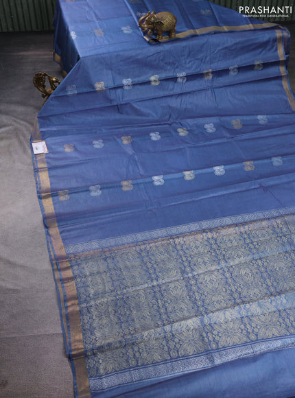 Banana silk saree blue with silver & gold zari woven paisley buttas and zari woven border