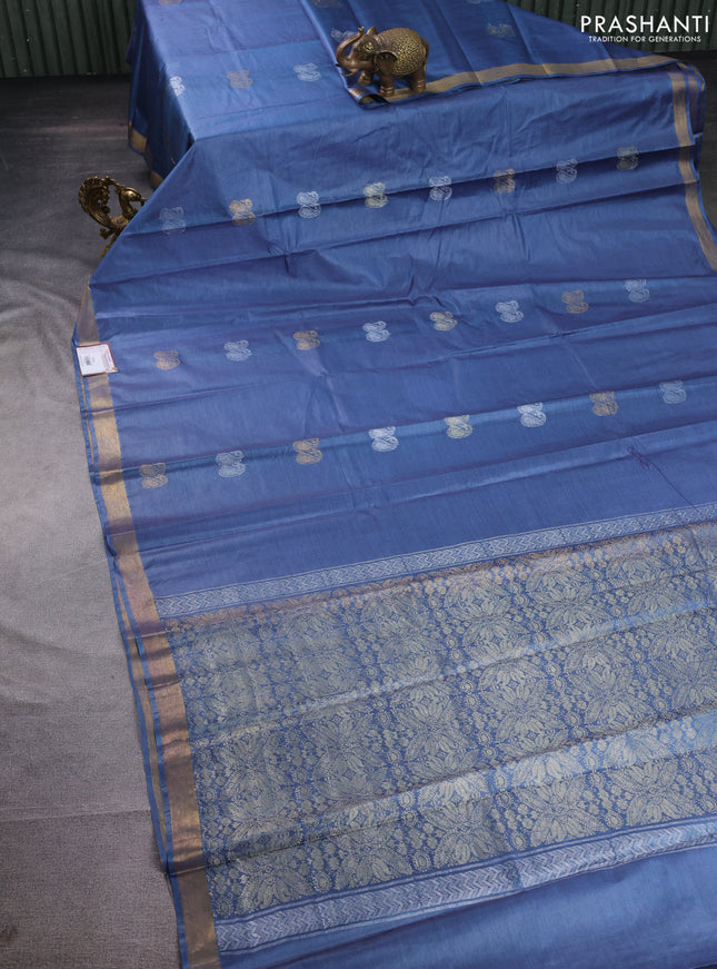 Banana silk saree blue with silver & gold zari woven paisley buttas and zari woven border