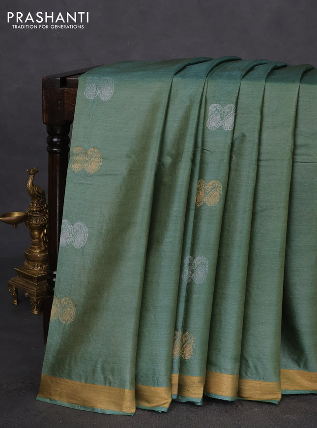 Banana silk saree green with silver & gold zari woven paisley buttas and zari woven border