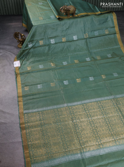 Banana silk saree green with silver & gold zari woven paisley buttas and zari woven border