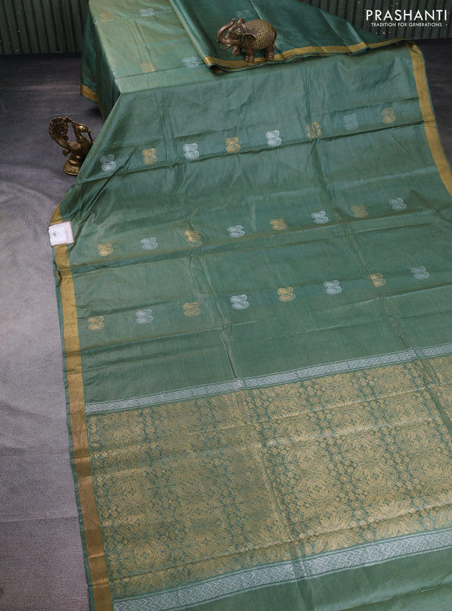 Banana silk saree green with silver & gold zari woven paisley buttas and zari woven border