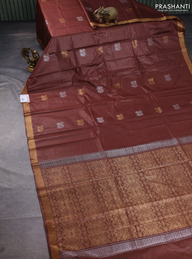 Banana silk saree brown with silver & gold zari woven paisley buttas and zari woven border