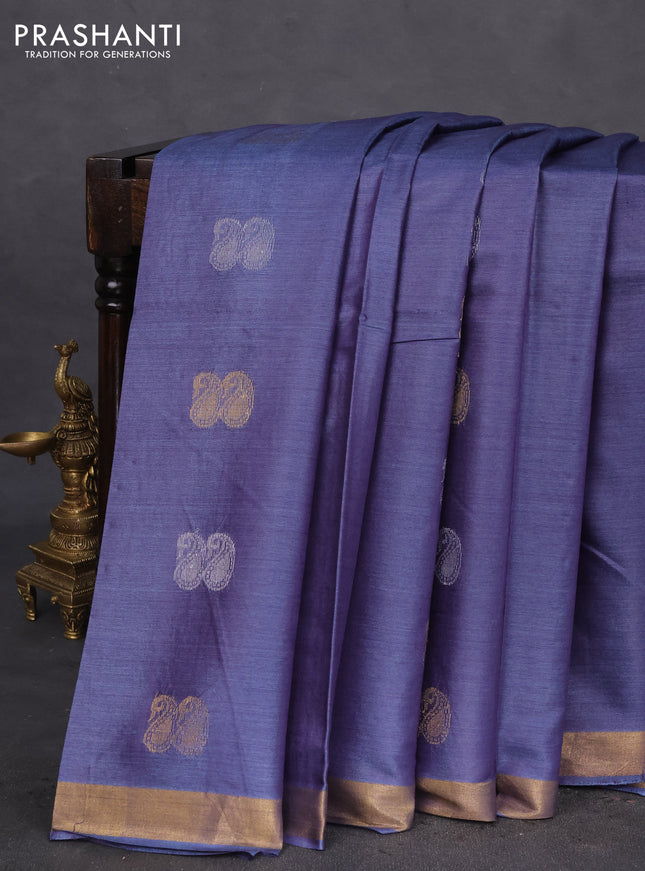 Banana silk saree violet shade with silver & gold zari woven paisley buttas and zari woven border