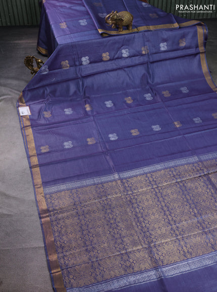 Banana silk saree violet shade with silver & gold zari woven paisley buttas and zari woven border