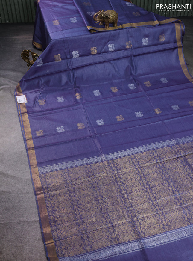 Banana silk saree violet shade with silver & gold zari woven paisley buttas and zari woven border