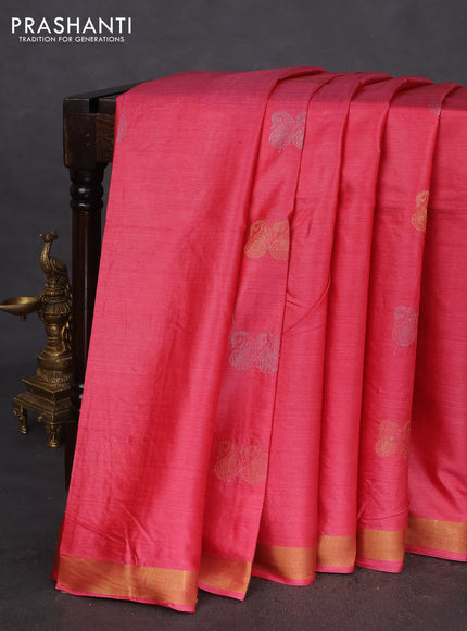 Banana silk saree peach pink with silver & gold zari woven paisley buttas and zari woven border