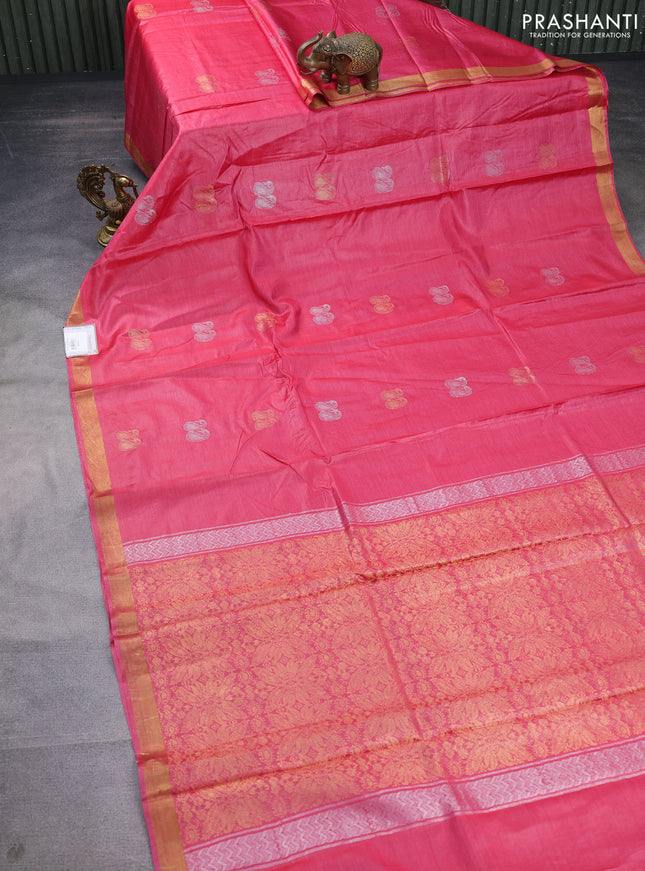 Banana silk saree peach pink with silver & gold zari woven paisley buttas and zari woven border