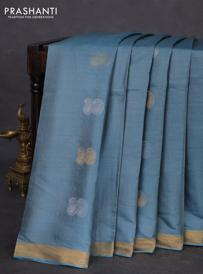 Banana silk saree pastel green with silver & gold zari woven paisley buttas and zari woven border