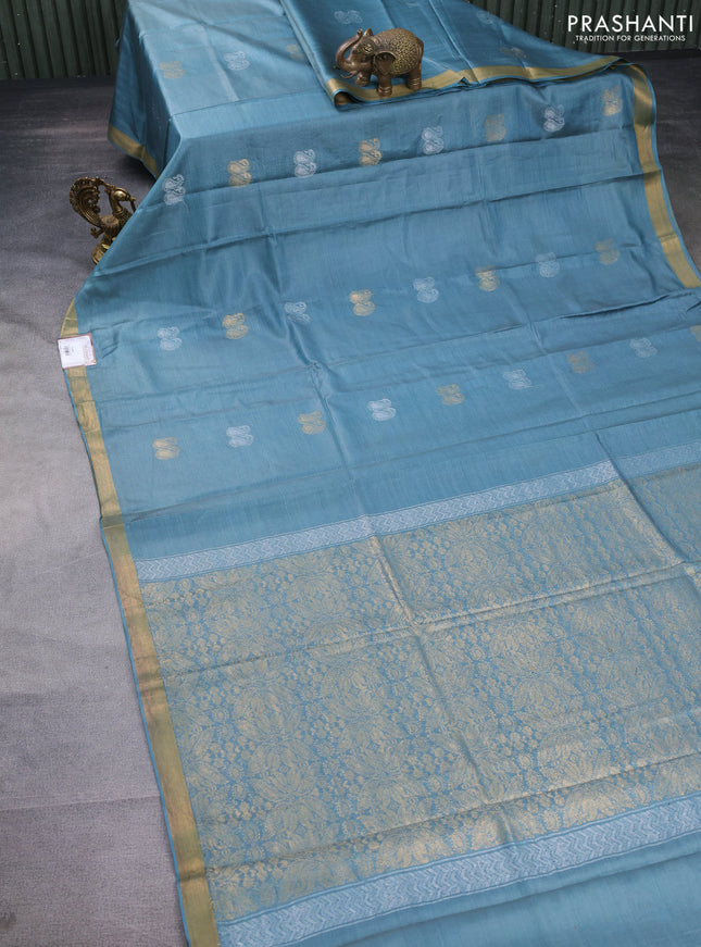 Banana silk saree pastel green with silver & gold zari woven paisley buttas and zari woven border