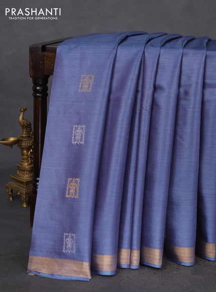 Banana silk saree bluish grey with silver & gold zari woven buttas and zari woven border