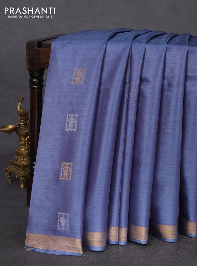 Banana silk saree bluish grey with silver & gold zari woven buttas and zari woven border