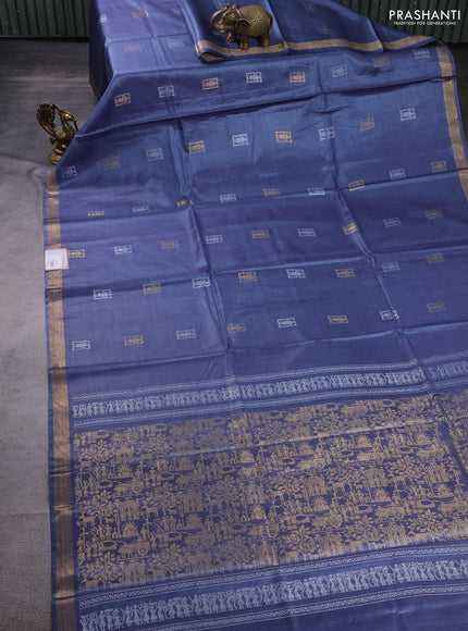 Banana silk saree bluish grey with silver & gold zari woven buttas and zari woven border