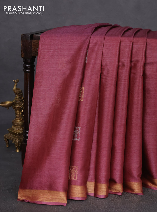 Banana silk saree maroon with silver & gold zari woven buttas and zari woven border