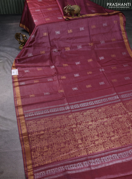 Banana silk saree maroon with silver & gold zari woven buttas and zari woven border