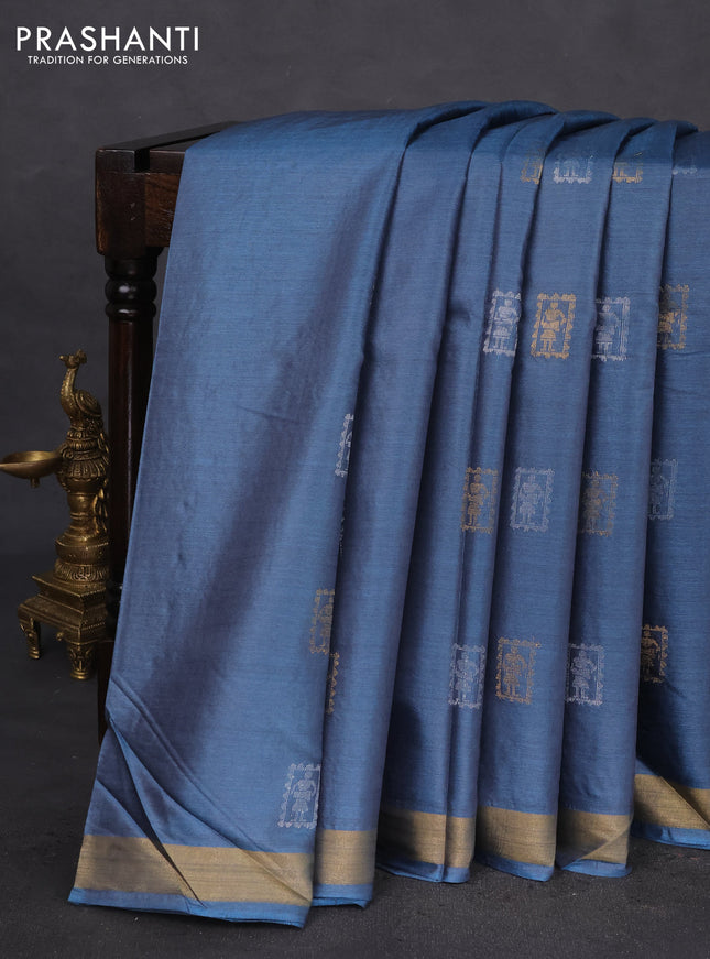 Banana silk saree blue shade with silver & gold zari woven buttas and zari woven border