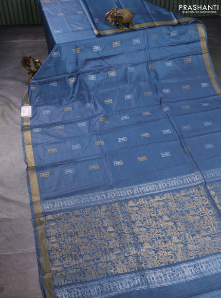 Banana silk saree blue shade with silver & gold zari woven buttas and zari woven border