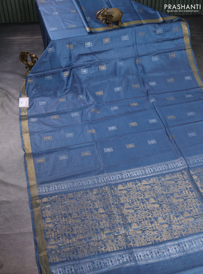 Banana silk saree blue shade with silver & gold zari woven buttas and zari woven border