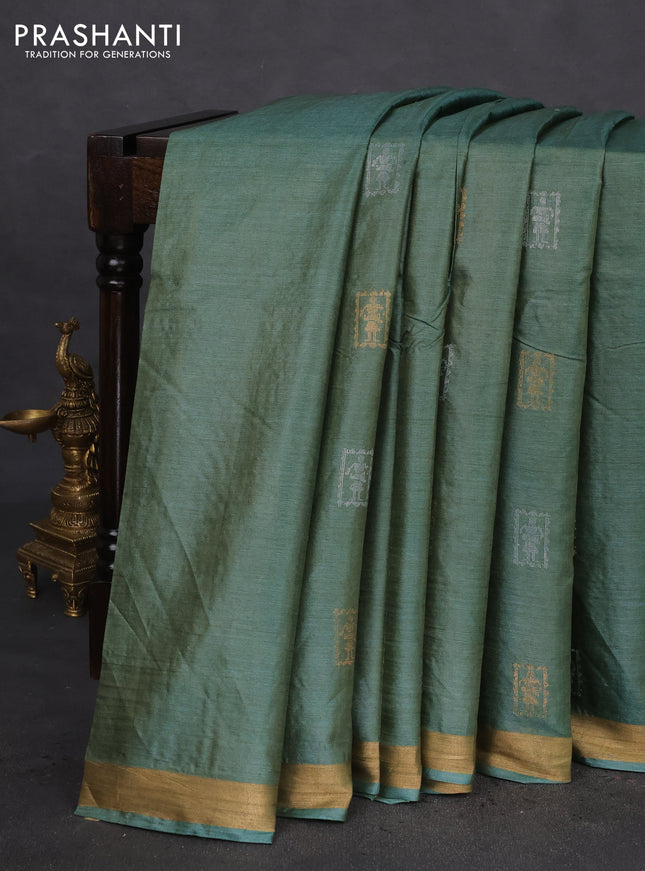 Banana silk saree green with silver & gold zari woven buttas and zari woven border