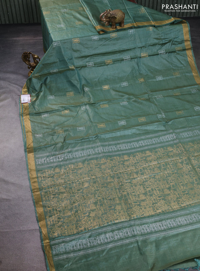 Banana silk saree green with silver & gold zari woven buttas and zari woven border