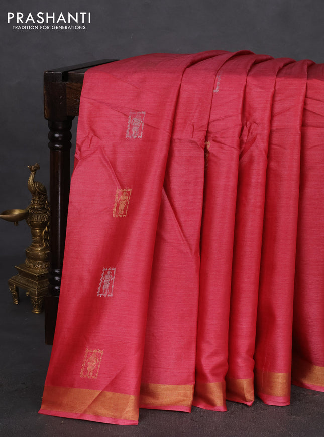 Banana silk saree pink with silver & gold zari woven buttas and zari woven border