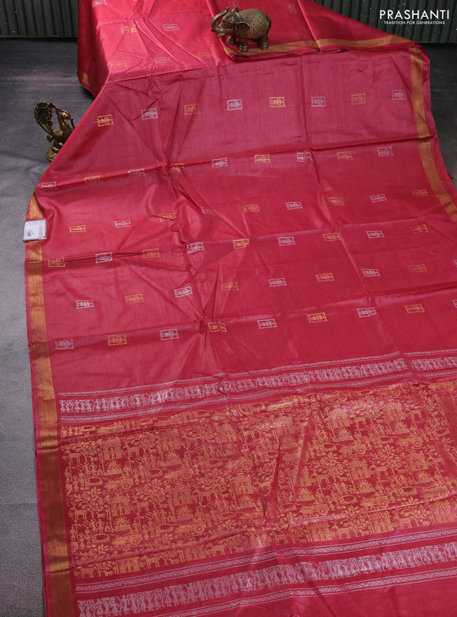 Banana silk saree pink with silver & gold zari woven buttas and zari woven border